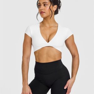 Unified Twist Front Short Sleeve Crop Top White