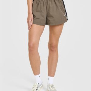 Oversized Piped Woven Track Shorts Moss Brown