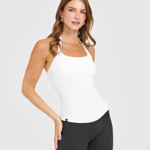 Mellow™ Rib Halter Neck Vest with Built in Bra Shelf White