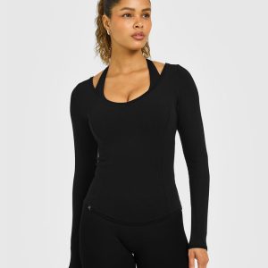 Mellow™ Rib V Neck Long Sleeve Top Black
